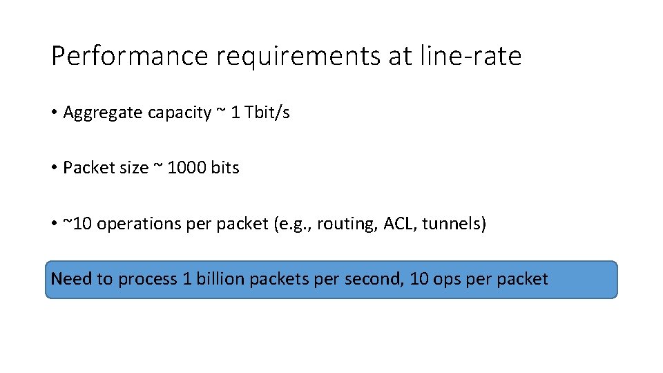 Performance requirements at line-rate • Aggregate capacity ~ 1 Tbit/s • Packet size ~