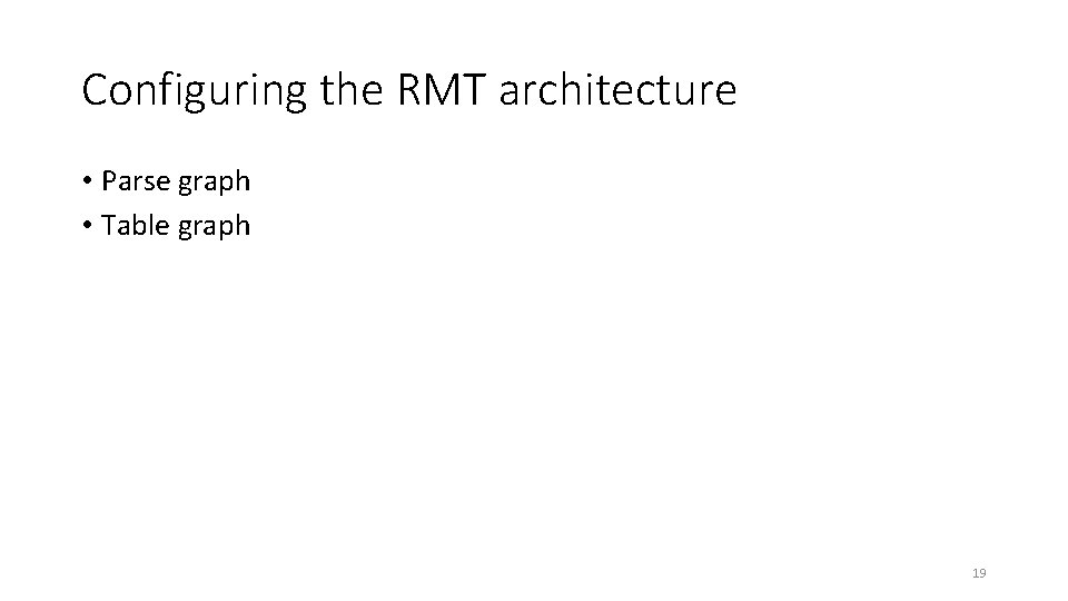 Configuring the RMT architecture • Parse graph • Table graph 19 
