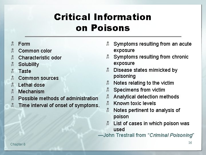 Critical Information on Poisons N N N N N Form Common color Characteristic odor