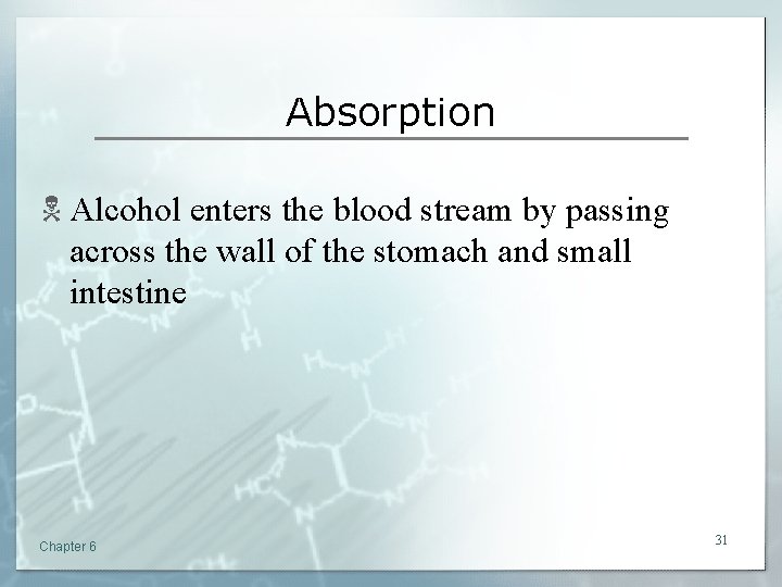 Absorption N Alcohol enters the blood stream by passing across the wall of the