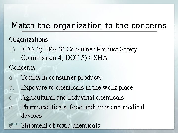 Match the organization to the concerns Organizations 1) FDA 2) EPA 3) Consumer Product