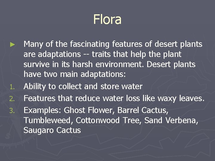 Flora Many of the fascinating features of desert plants are adaptations -- traits that