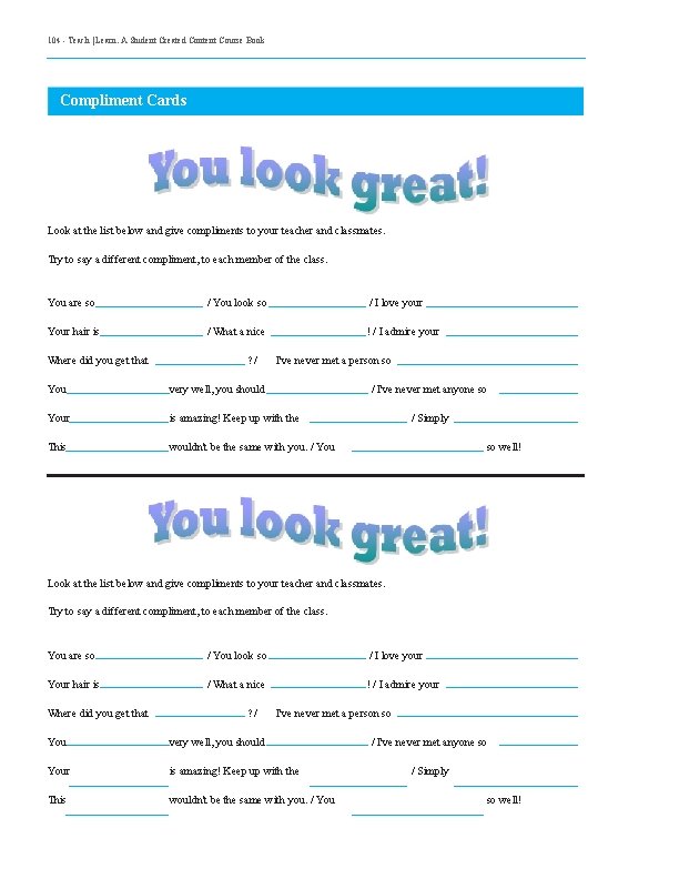 104 - Teach | Learn. A Student Created Content Course Book Compliment Cards Look