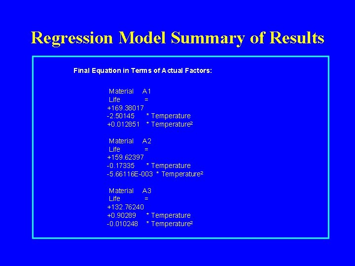 Regression Model Summary of Results Final Equation in Terms of Actual Factors: Material A