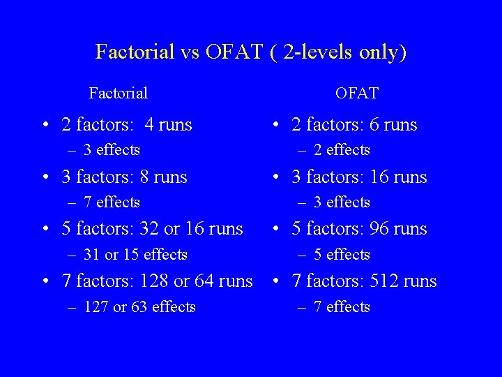 Factorial vs OFAT ( 2 -levels only) Factorial • 2 factors: 4 runs –