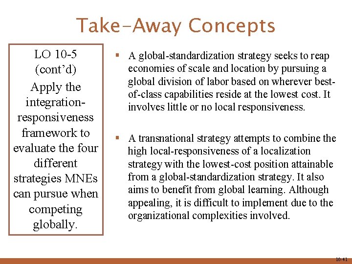 Take-Away Concepts LO 10 -5 (cont’d) Apply the integrationresponsiveness framework to evaluate the four