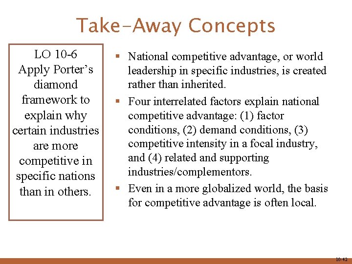 Take-Away Concepts LO 10 -6 Apply Porter’s diamond framework to explain why certain industries