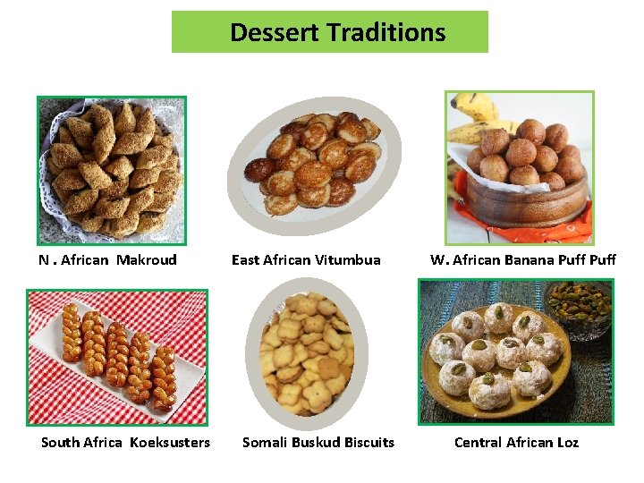 Dessert Traditions N. African Makroud South Africa Koeksusters East African Vitumbua Somali Buskud Biscuits