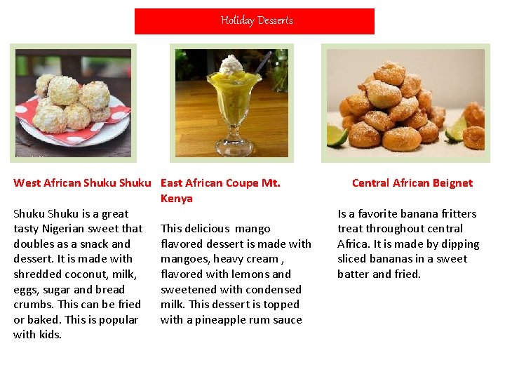 Holiday Desserts West African Shuku East African Coupe Mt. Kenya Shuku is a great
