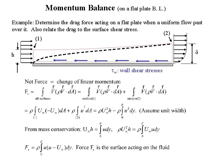 Momentum Balance (on a flat plate B. L. ) Example: Determine the drag force