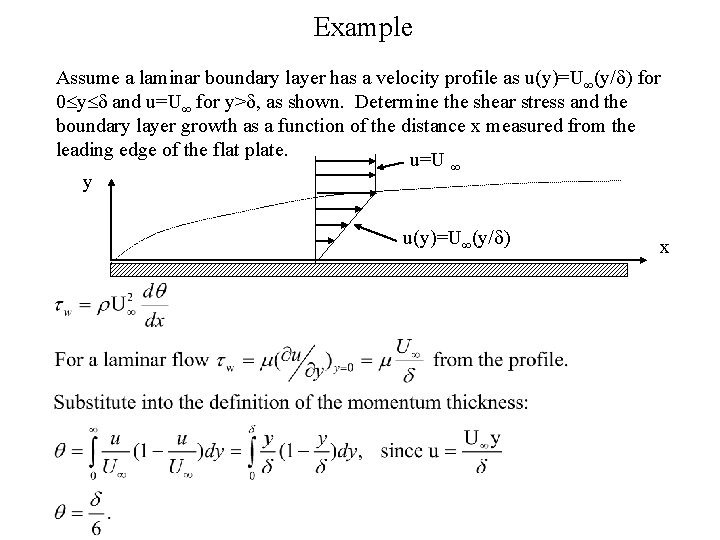 Example Assume a laminar boundary layer has a velocity profile as u(y)=U (y/d) for