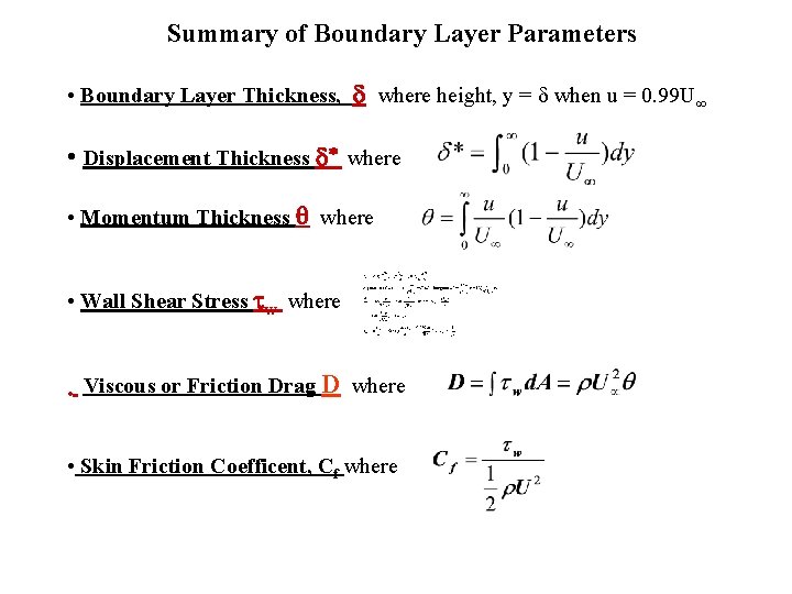 Summary of Boundary Layer Parameters • Boundary Layer Thickness, d where height, y =