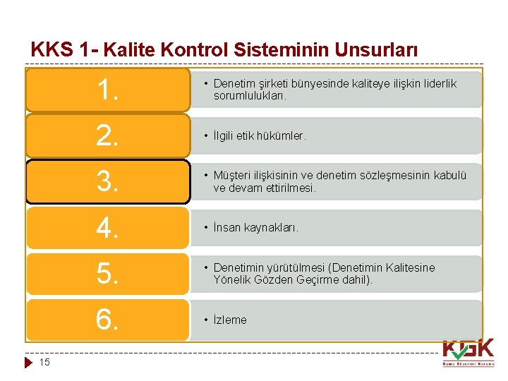 KKS 1 - Kalite Kontrol Sisteminin Unsurları 15 1. • Denetim şirketi bünyesinde kaliteye