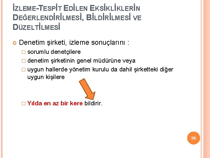 İZLEME-TESPİT EDİLEN EKSİKLİKLERİN DEĞERLENDİRİLMESİ, BİLDİRİLMESİ VE DÜZELTİLMESİ Denetim şirketi, izleme sonuçlarını : � sorumlu