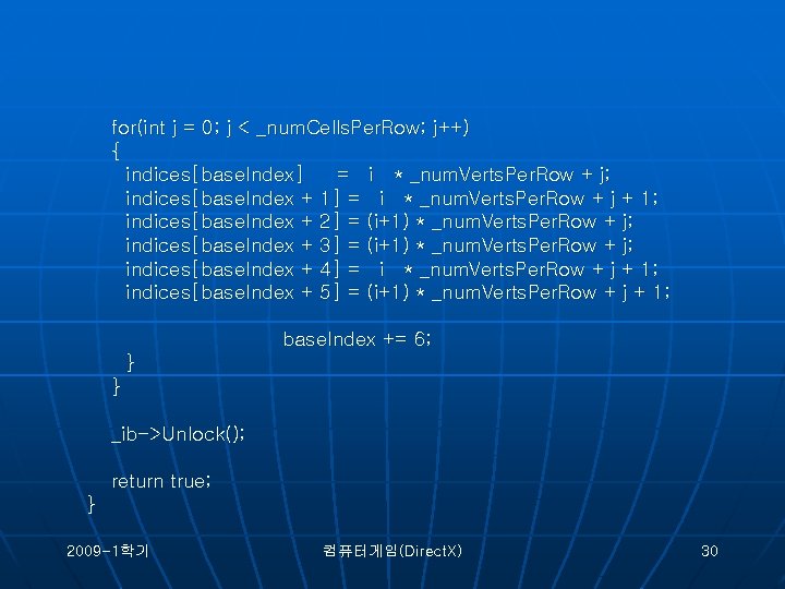 for(int j = 0; j < _num. Cells. Per. Row; j++) { indices[base. Index]