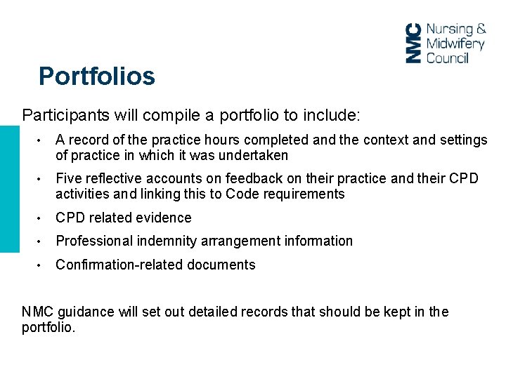 Portfolios Participants will compile a portfolio to include: • A record of the practice