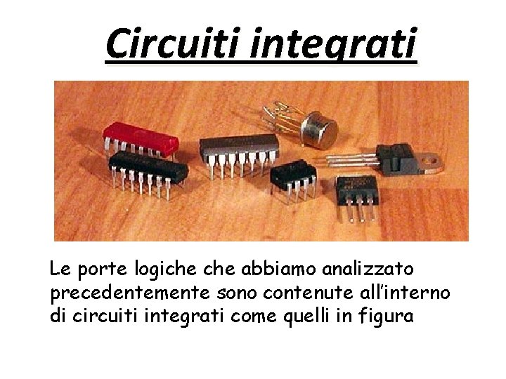 Circuiti integrati Le porte logiche abbiamo analizzato precedentemente sono contenute all’interno di circuiti integrati Circuiti integrati Le porte logiche abbiamo analizzato precedentemente sono contenute all’interno di circuiti integrati