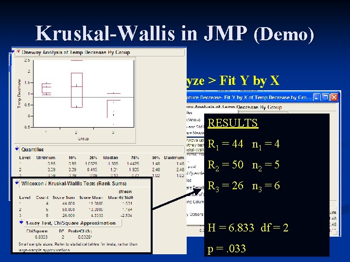 Kruskal-Wallis in JMP (Demo) Analyze > Fit Y by X RESULTS R 1 =