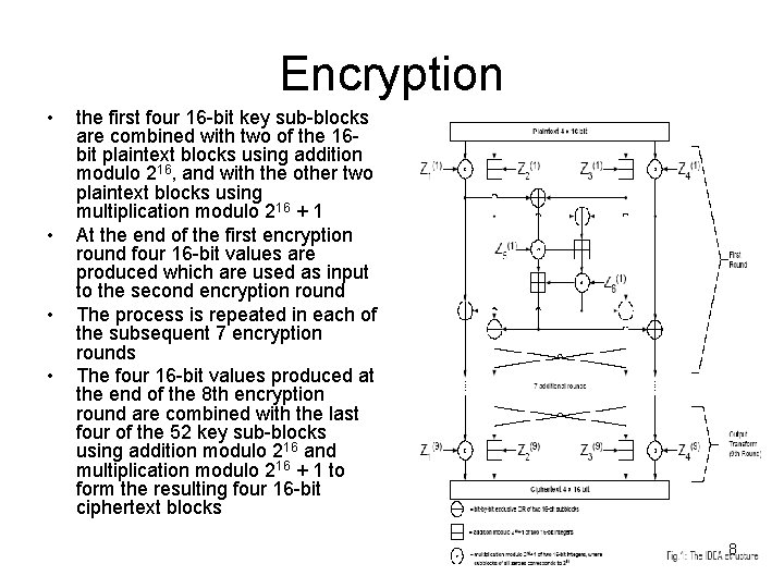 Encryption • • the first four 16 -bit key sub-blocks are combined with two