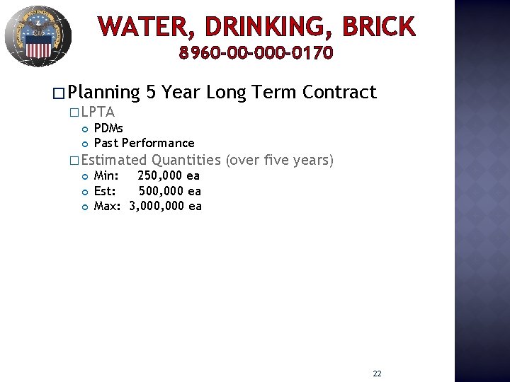 WATER, DRINKING, BRICK 8960 -00 -0170 � Planning � LPTA 5 Year Long Term