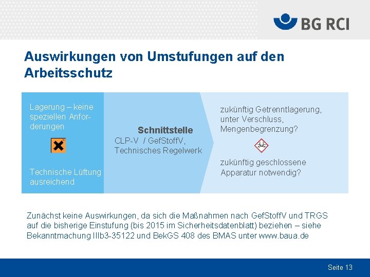 Auswirkungen von Umstufungen auf den Arbeitsschutz Lagerung – keine speziellen Anforderungen Schnittstelle zukünftig Getrenntlagerung,