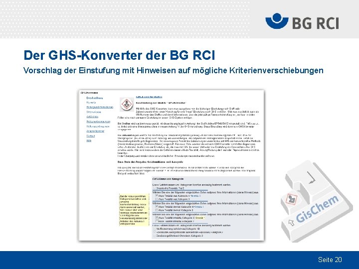 Der GHS-Konverter der BG RCI Vorschlag der Einstufung mit Hinweisen auf mögliche Kriterienverschiebungen Seite