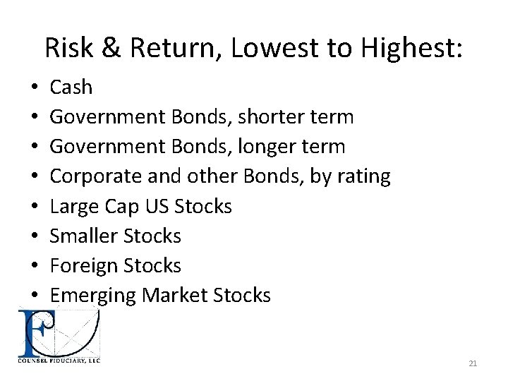 Risk & Return, Lowest to Highest: • • Cash Government Bonds, shorter term Government