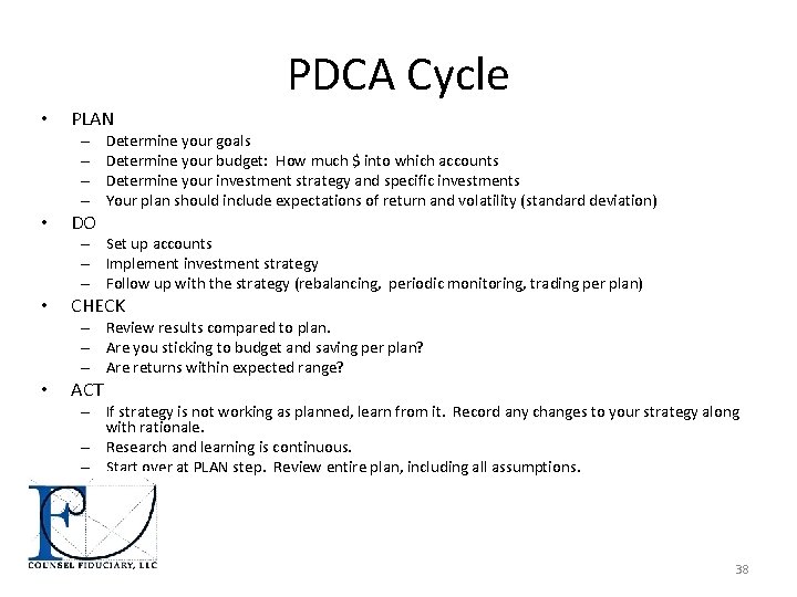 PDCA Cycle • PLAN – – • DO Determine your goals Determine your budget: