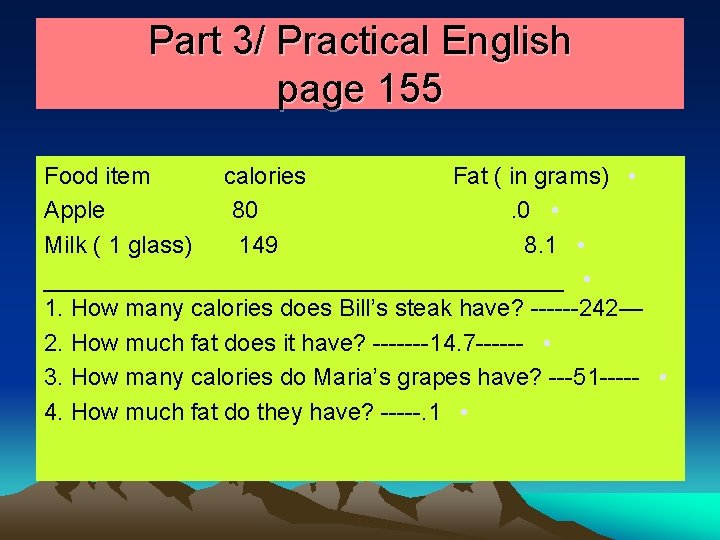 Part 3/ Practical English page 155 Food item calories Fat ( in grams) • Part 3/ Practical English page 155 Food item calories Fat ( in grams) •