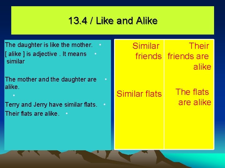 13. 4 / Like and Alike Similar Their friends are alike The daughter is