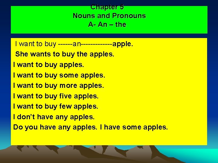 Chapter 5 Nouns and Pronouns A- An – the I want to buy ------an-------apple.