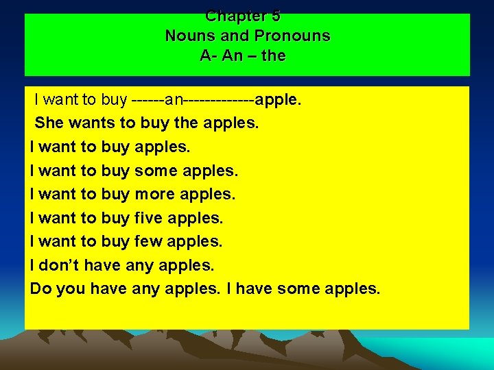 Chapter 5 Nouns and Pronouns A- An – the I want to buy ------an-------apple. Chapter 5 Nouns and Pronouns A- An – the I want to buy ------an-------apple.