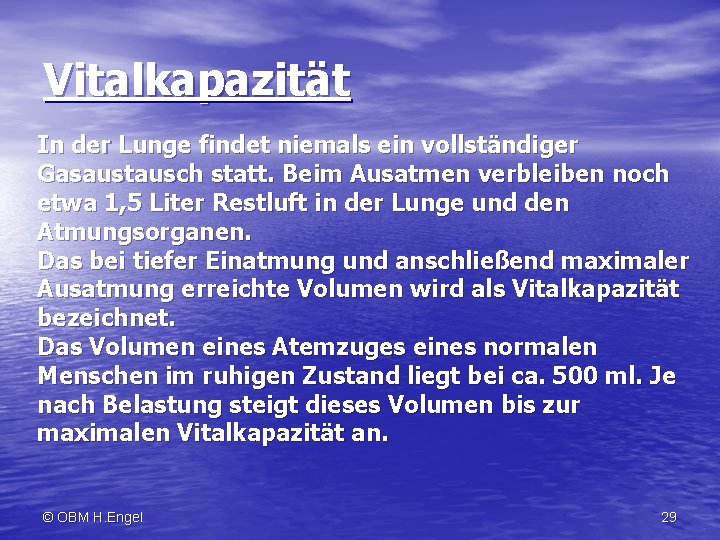 Vitalkapazität In der Lunge findet niemals ein vollständiger Gasaustausch statt. Beim Ausatmen verbleiben noch