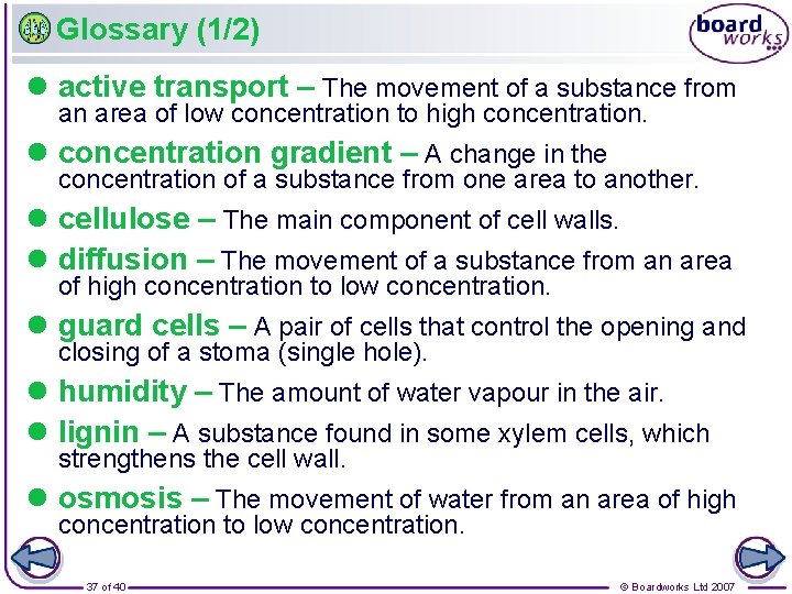 Glossary (1/2) l active transport – The movement of a substance from an area
