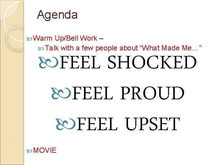 Agenda Warm Up/Bell Work – Talk with a few people about “What Made Me…”