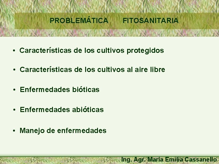 PROBLEMÁTICA FITOSANITARIA • Características de los cultivos protegidos • Características de los cultivos al