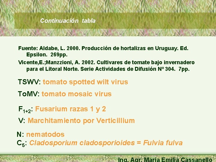 Continuación tabla Fuente: Aldabe, L. 2000. Producción de hortalizas en Uruguay. Ed. Epsilon. 269