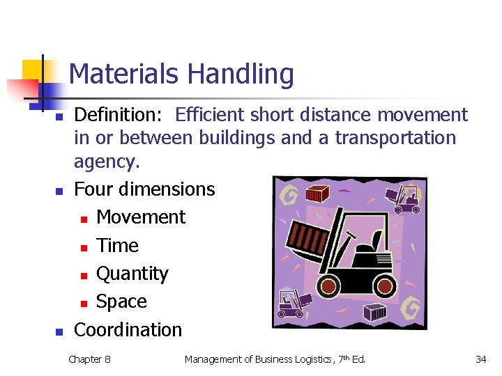 Materials Handling n n n Definition: Efficient short distance movement in or between buildings