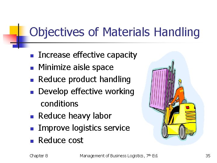 Objectives of Materials Handling n n n n Increase effective capacity Minimize aisle space