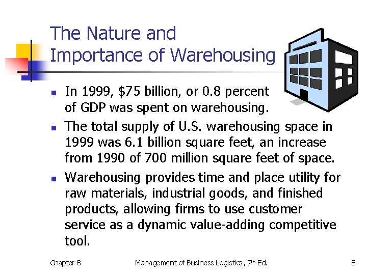 The Nature and Importance of Warehousing n n n In 1999, $75 billion, or