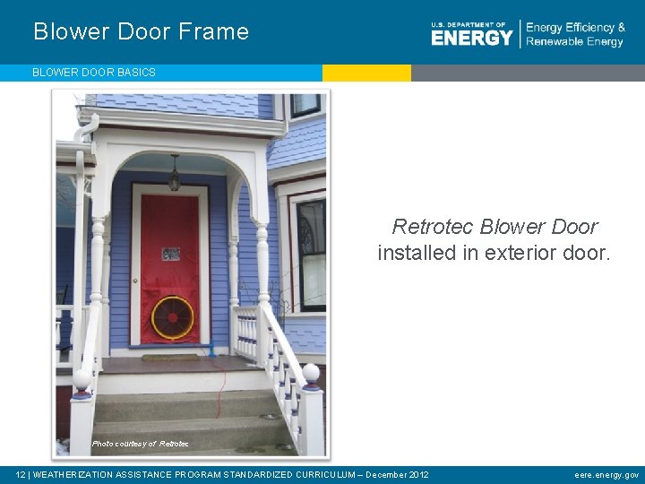 Blower Door Frame BLOWER DOOR BASICS Retrotec Blower Door installed in exterior door. Photo