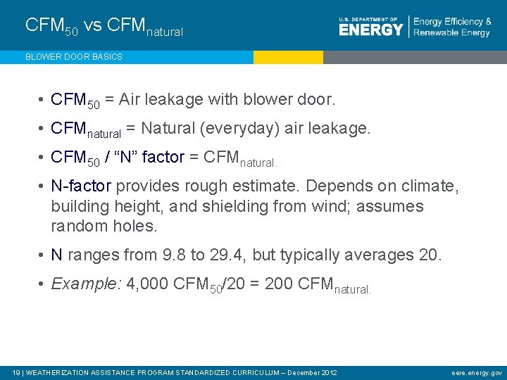 CFM 50 vs CFMnatural BLOWER DOOR BASICS • CFM 50 = Air leakage with