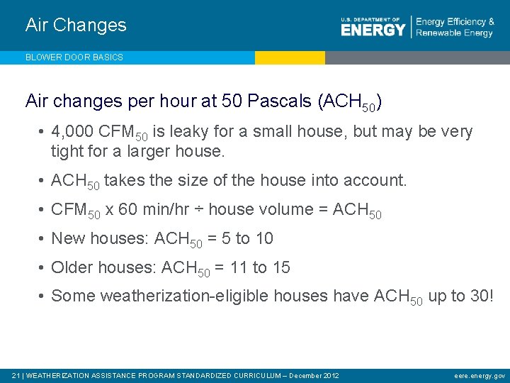 Air Changes BLOWER DOOR BASICS Air changes per hour at 50 Pascals (ACH 50)