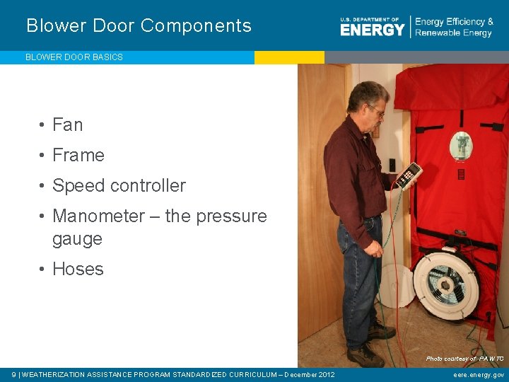 Blower Door Components BLOWER DOOR BASICS • Fan • Frame • Speed controller •
