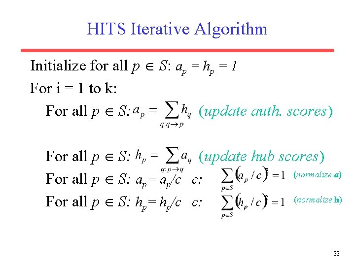 HITS Iterative Algorithm Initialize for all p S: ap = hp = 1 For