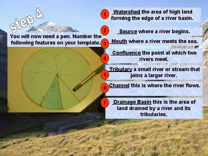 1 Watershed the area of high land forming the edge of a river basin.