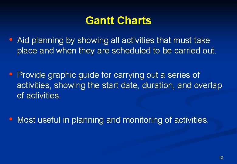 Gantt Charts • Aid planning by showing all activities that must take place and