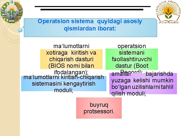 Operatsion sistema quyidagi asosiy qismlardan iborat: operatsion ma‘lumotlarni sistemani xotiraga kiritish va faollashtiruvchi chiqarish