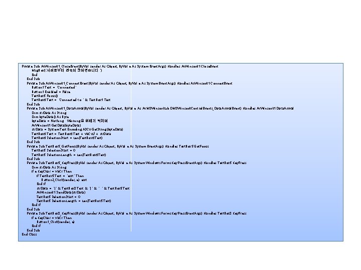 Private Sub Ax. Winsock 1_Close. Event(By. Val sender As Object, By. Val e As