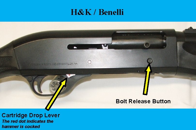 H&K / Benelli Bolt Release Button Cartridge Drop Lever The red dot indicates the